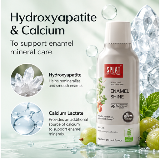 SPLAT Enamel Shine mouthwash with Hydroxyapatite and calcium mineral support for enamel care, remineralization and surface smoothness.