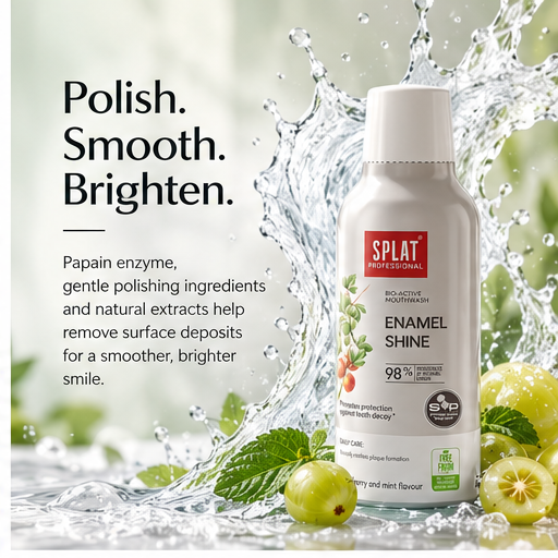 SPLAT Enamel Shine mouthwash with papain and gentle polishing ingredients to help remove surface deposits, smooth enamel and support natural brightness.
