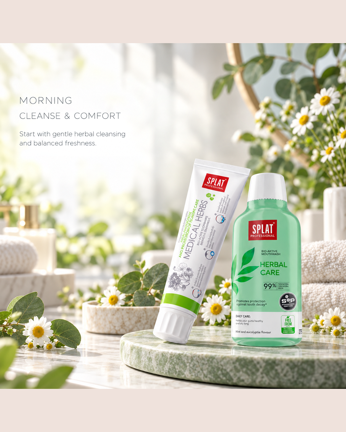 Morning Serena oral care routine with Medical Herbs toothpaste and Herbal Care mouthwash for gentle cleansing, gum comfort and balanced freshness.