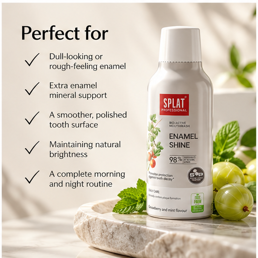 SPLAT Enamel Shine mouthwash for dull-looking or rough-feeling enamel, mineral support, polished brightness and everyday freshness.