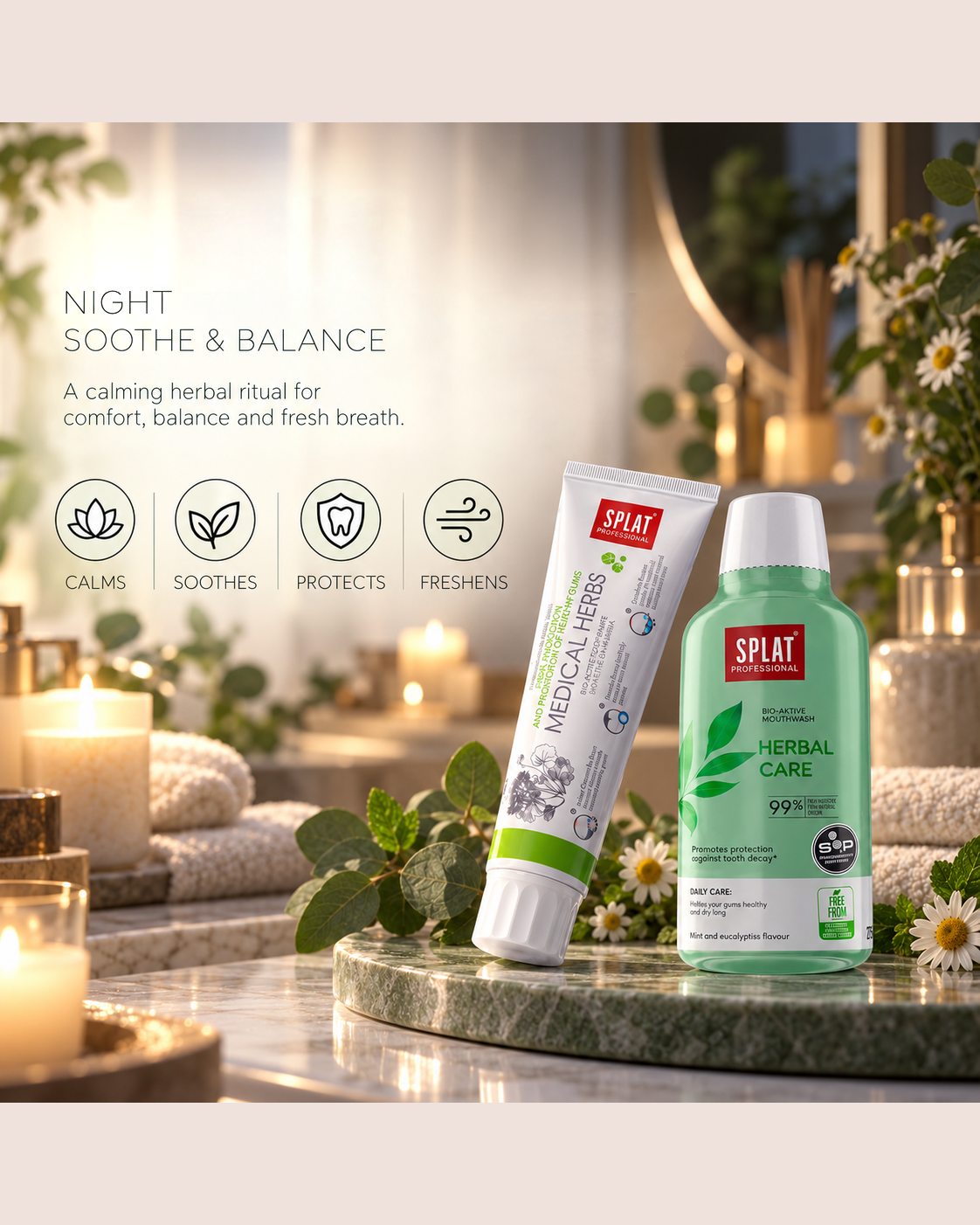 Night Serena oral care routine with Medical Herbs toothpaste and Herbal Care mouthwash for soothing gum care, oral balance and fresh breath.