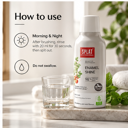 SPLAT Enamel Shine mouthwash instructions for morning and night use: rinse after brushing for 20 to 30 seconds, then spit out.