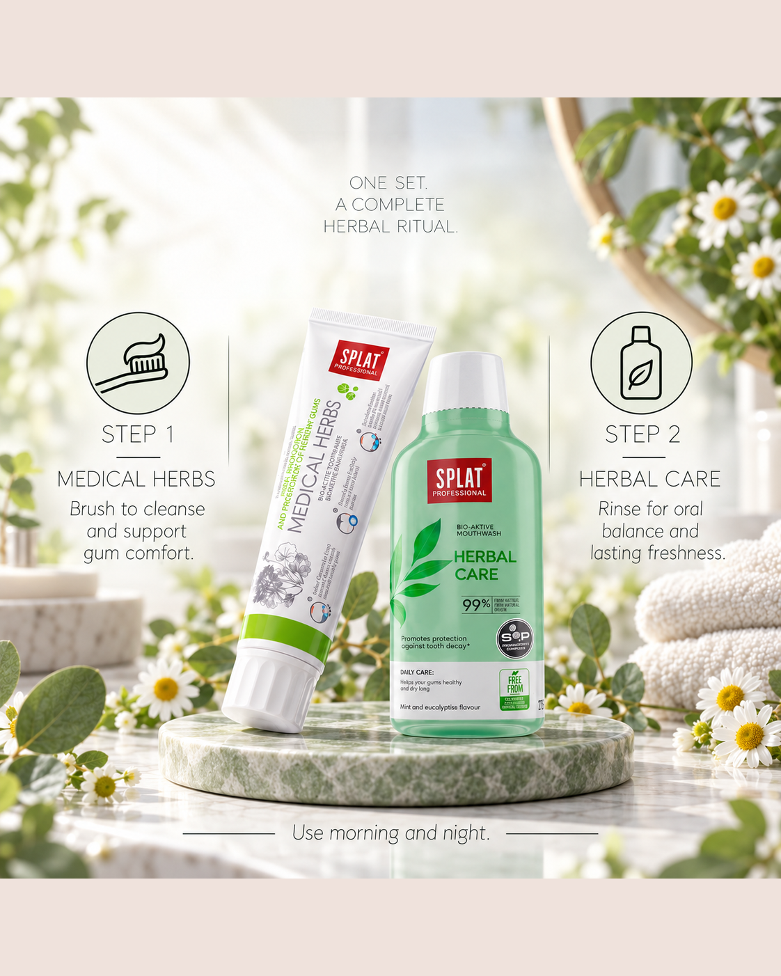 Serena complete herbal oral care ritual showing Medical Herbs toothpaste and Herbal Care mouthwash for morning and night use.