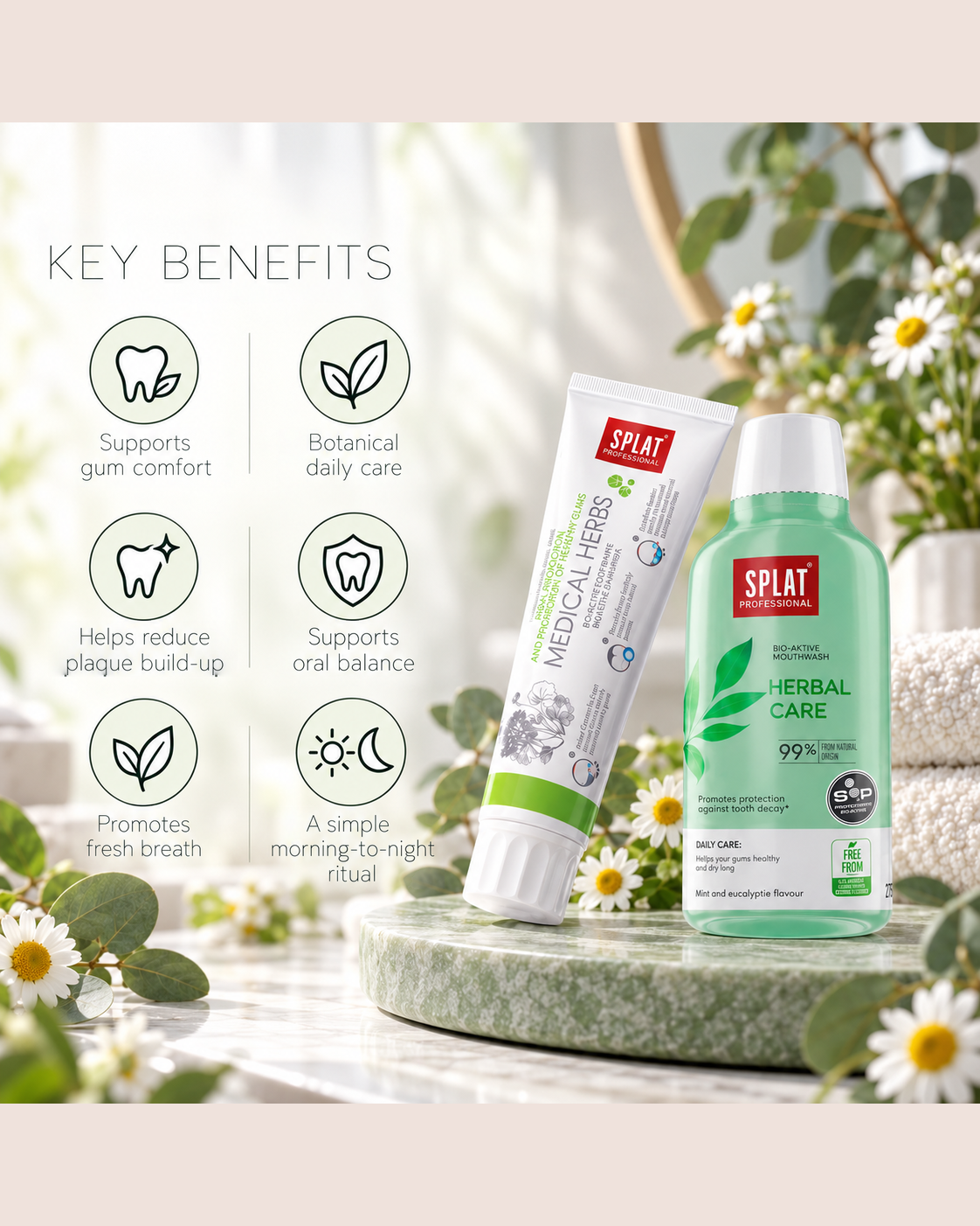 Serena Ritual Set key benefits including gum comfort, botanical daily care, plaque control, oral balance, fresh breath and morning-to-night care.