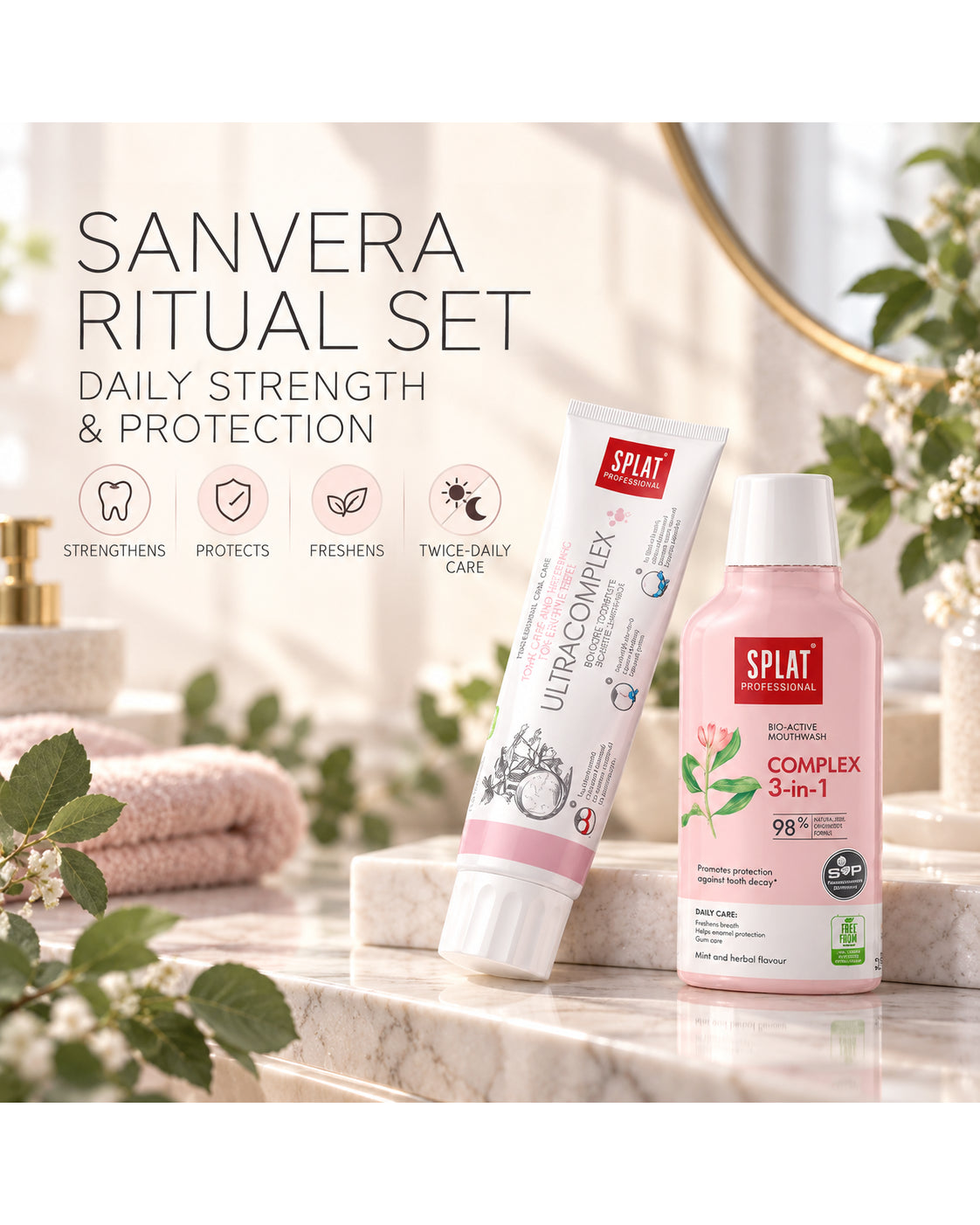 SPLAT Sanvera ritual set with Ultracomplex toothpaste and Complex 3-in-1 mouthwash for daily enamel strength, freshness and protection.
