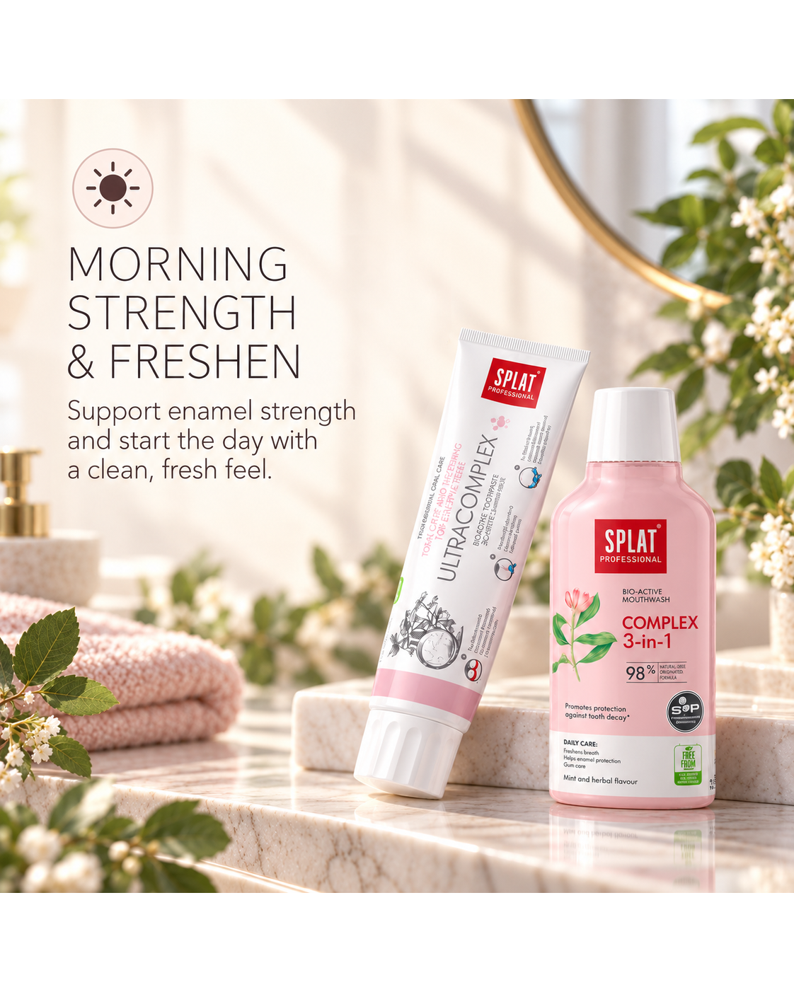 SPLAT Ultracomplex toothpaste and Complex 3-in-1 mouthwash for morning enamel care, freshness and daily oral protection.