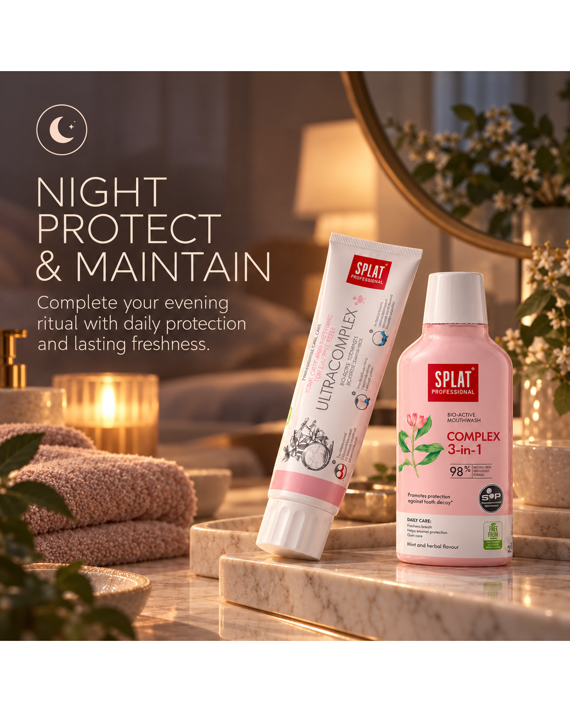 SPLAT Ultracomplex toothpaste and Complex 3-in-1 mouthwash for nighttime enamel care, freshness and oral health maintenance.