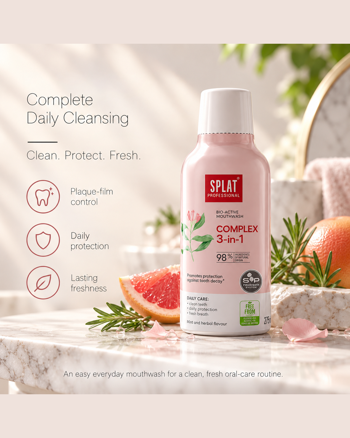 SPLAT Complex 3-in-1 mouthwash for complete daily cleansing, plaque-film control, daily protection and lasting freshness.