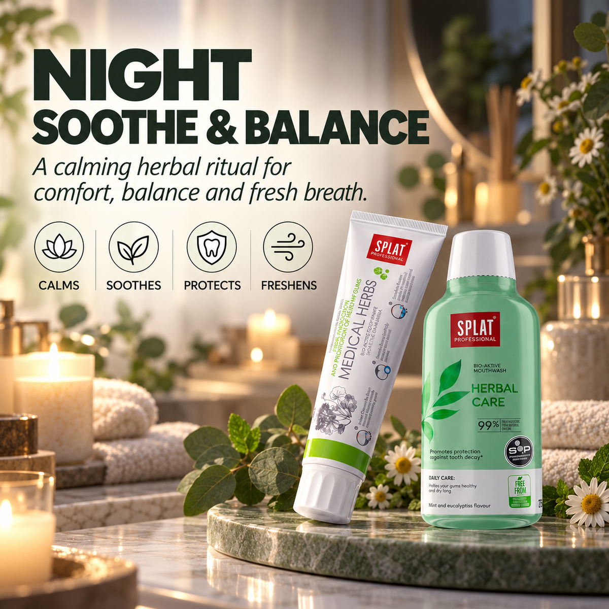Night Serena oral care routine with Medical Herbs toothpaste and Herbal Care mouthwash for soothing gum care, oral balance and fresh breath.