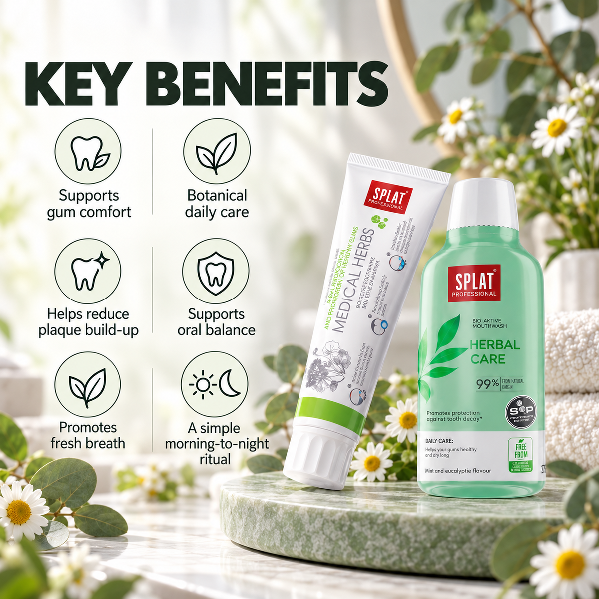 Serena Ritual Set key benefits including gum comfort, botanical daily care, plaque control, oral balance, fresh breath and morning-to-night care.