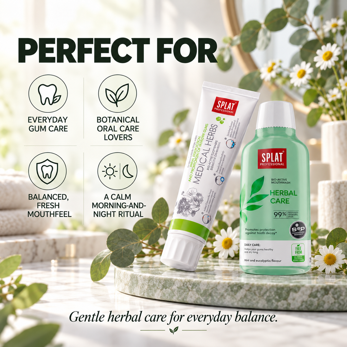 Serena Ritual Set for everyday gum care, botanical oral care, balanced fresh mouthfeel and a gentle morning-and-night routine.