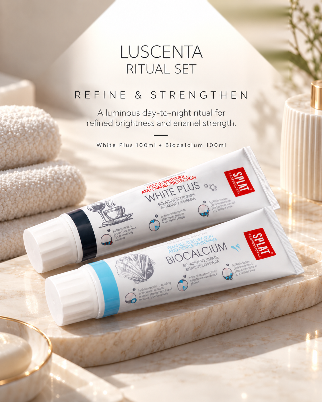 Luscenta Ritual Set with SPLAT White Plus and Biocalcium toothpaste for daily brightness, enamel strengthening and mineral care.