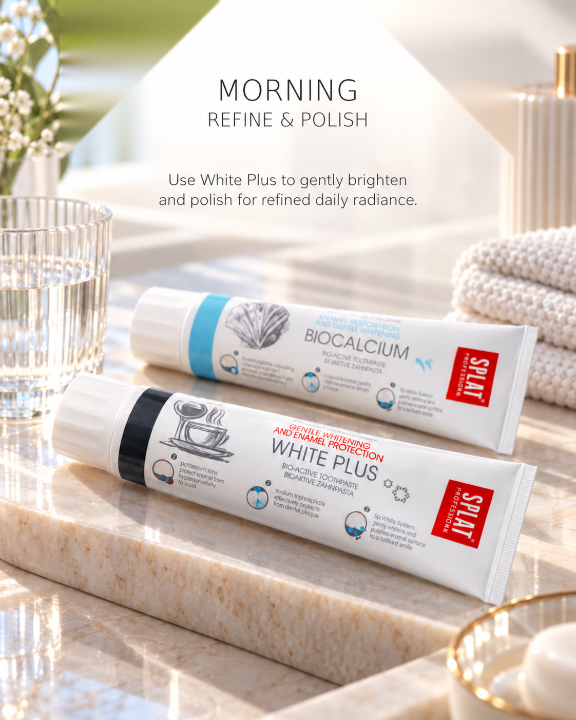 Morning Luscenta routine with SPLAT White Plus toothpaste to help remove everyday surface stains, polish enamel and enhance natural brightness.