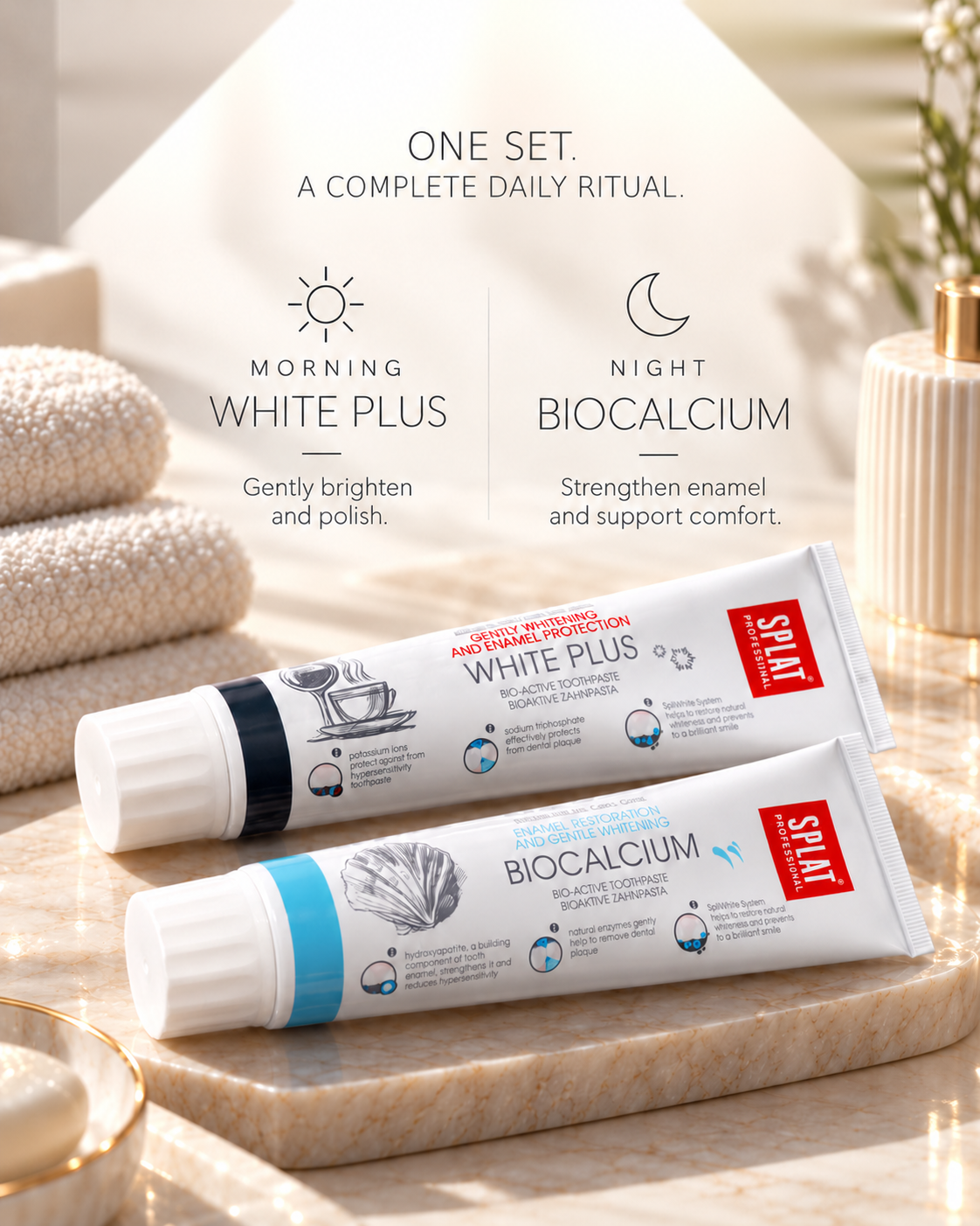 Luscenta morning-to-night ritual with White Plus for daily brightening and Biocalcium for enamel strengthening and mineral support.