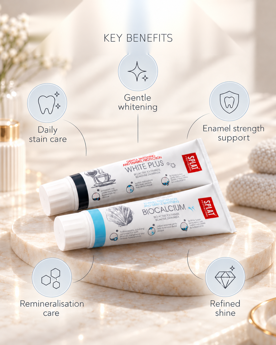 Luscenta Ritual Set benefits including daily stain care, gentle whitening, enamel strength, remineralization and refined shine.