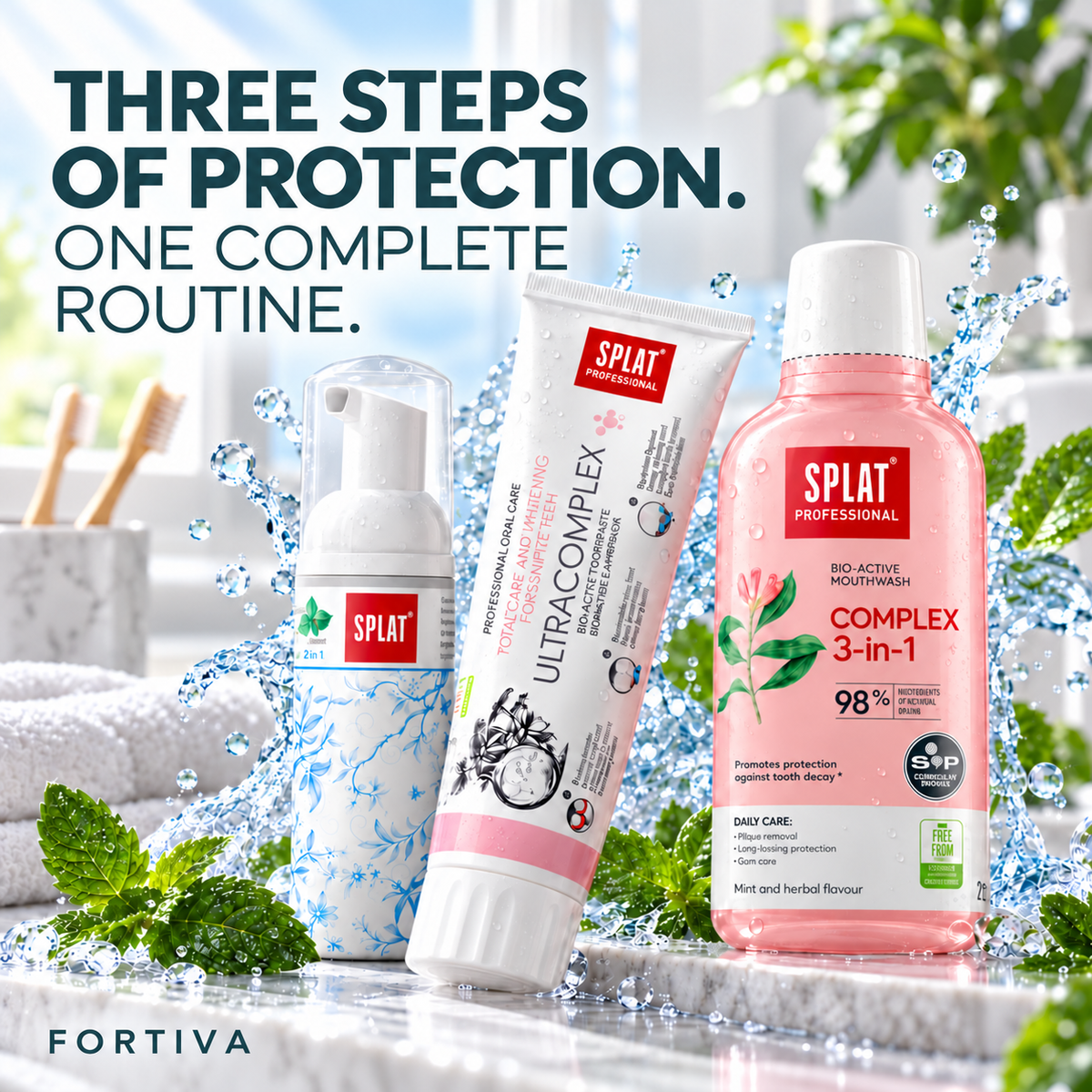SPLAT Fortiva ritual set with Ultracomplex toothpaste, Complex 3-in-1 mouthwash and Foam 2in1 for complete daily oral care.