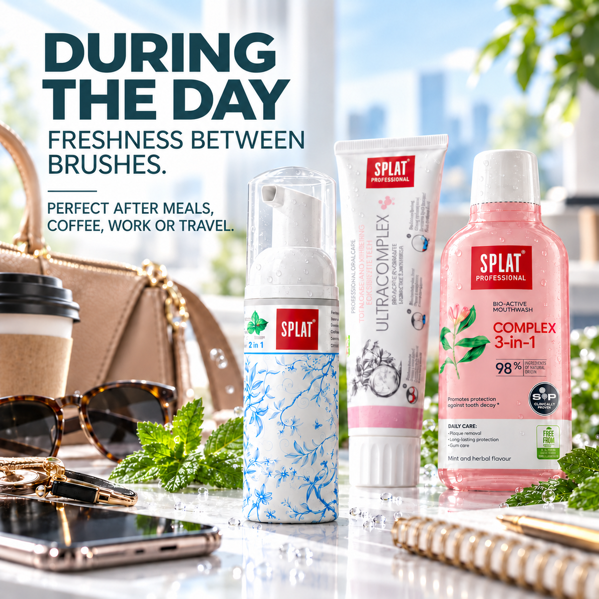 SPLAT Foam 2in1 for freshness between brushes after meals, coffee, work or travel.