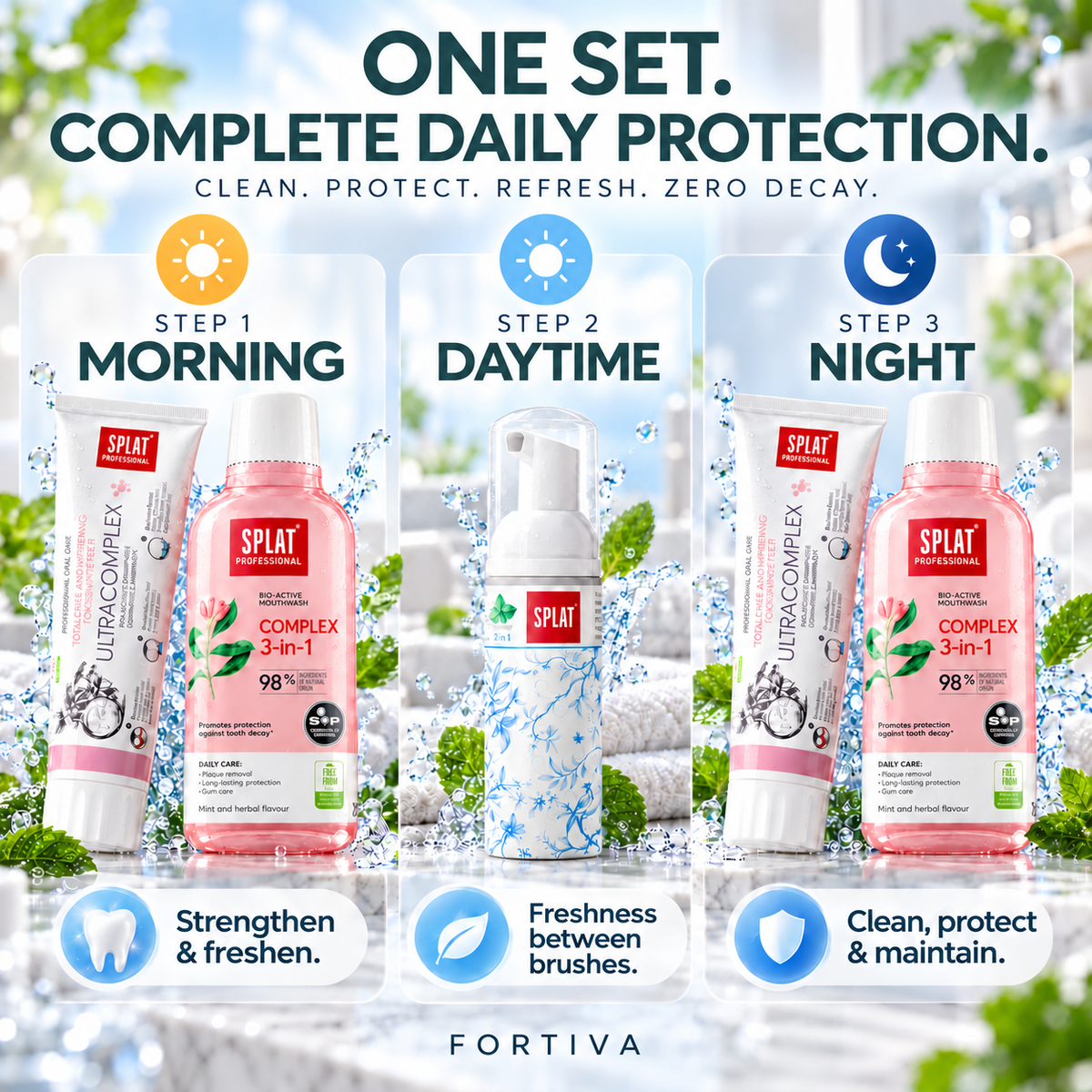 SPLAT Fortiva morning-to-night oral care routine with Ultracomplex, Complex 3-in-1 mouthwash and Foam 2in1.
