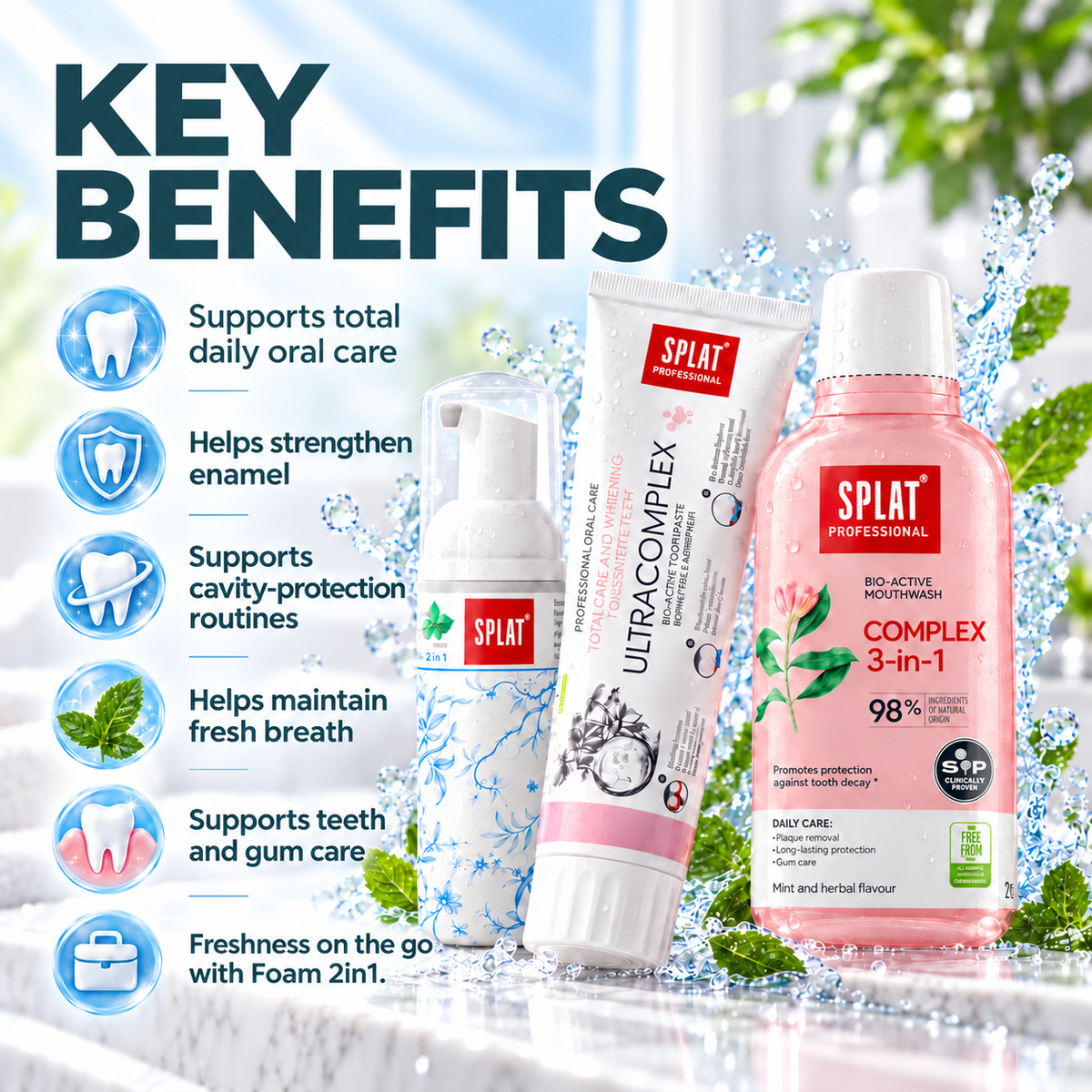 SPLAT Fortiva oral care system supporting enamel strength, cavity-protection routines, fresh breath, gum care and daytime freshness.