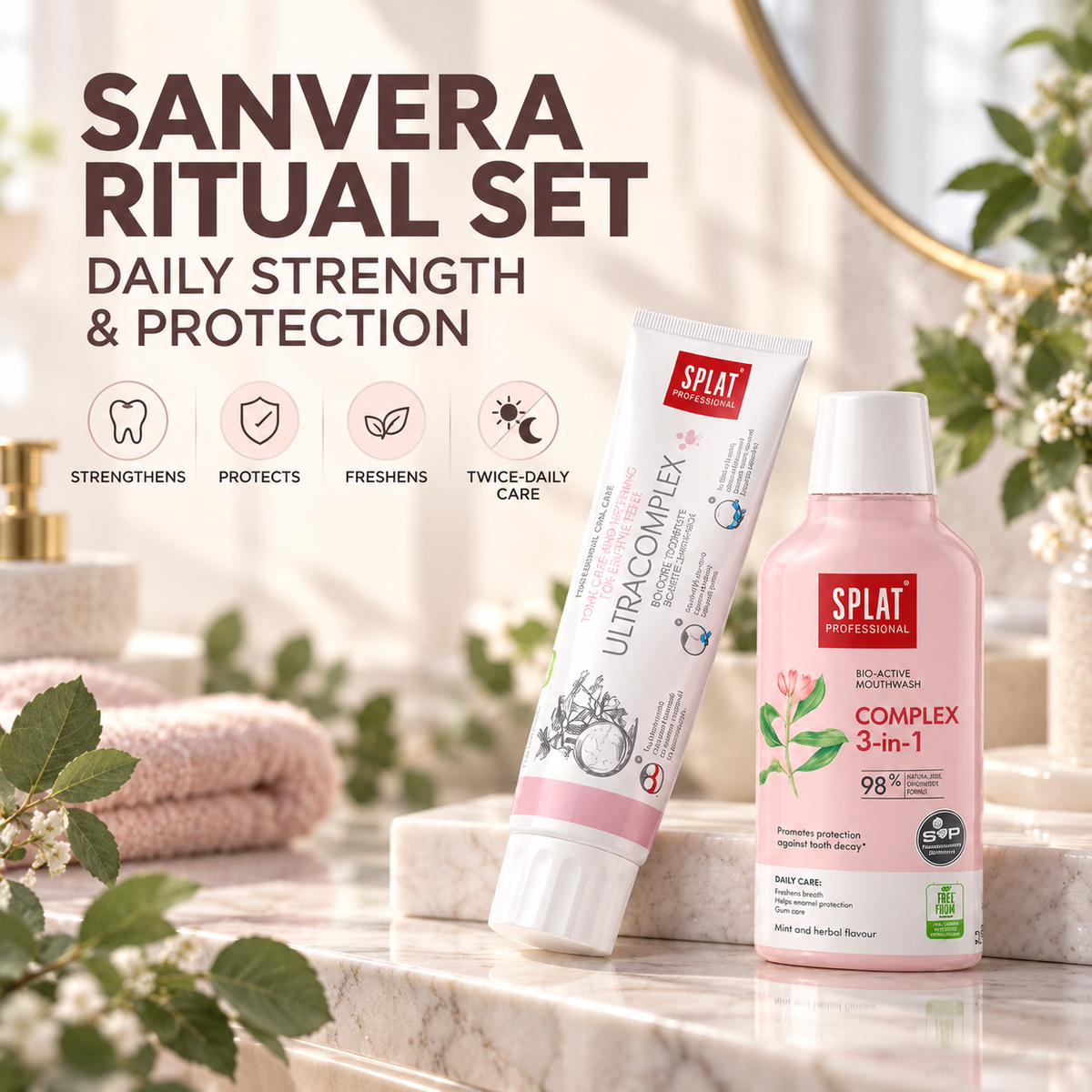 SPLAT Sanvera ritual set with Ultracomplex toothpaste and Complex 3-in-1 mouthwash for daily enamel strength, freshness and protection.