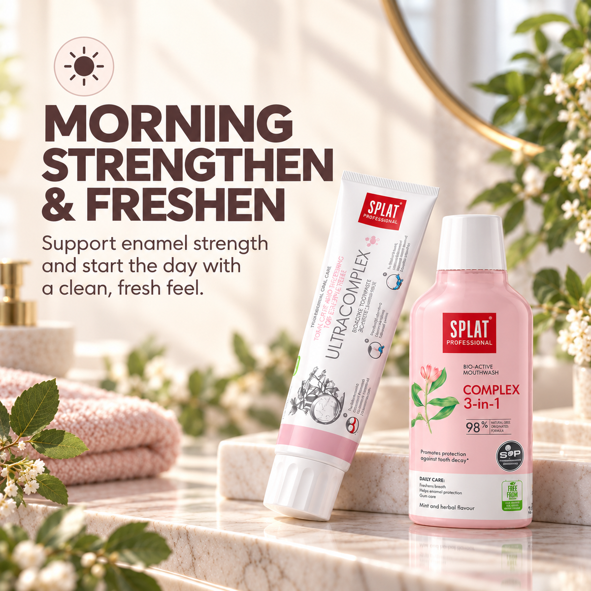 SPLAT Ultracomplex toothpaste and Complex 3-in-1 mouthwash for morning enamel care, freshness and daily oral protection.