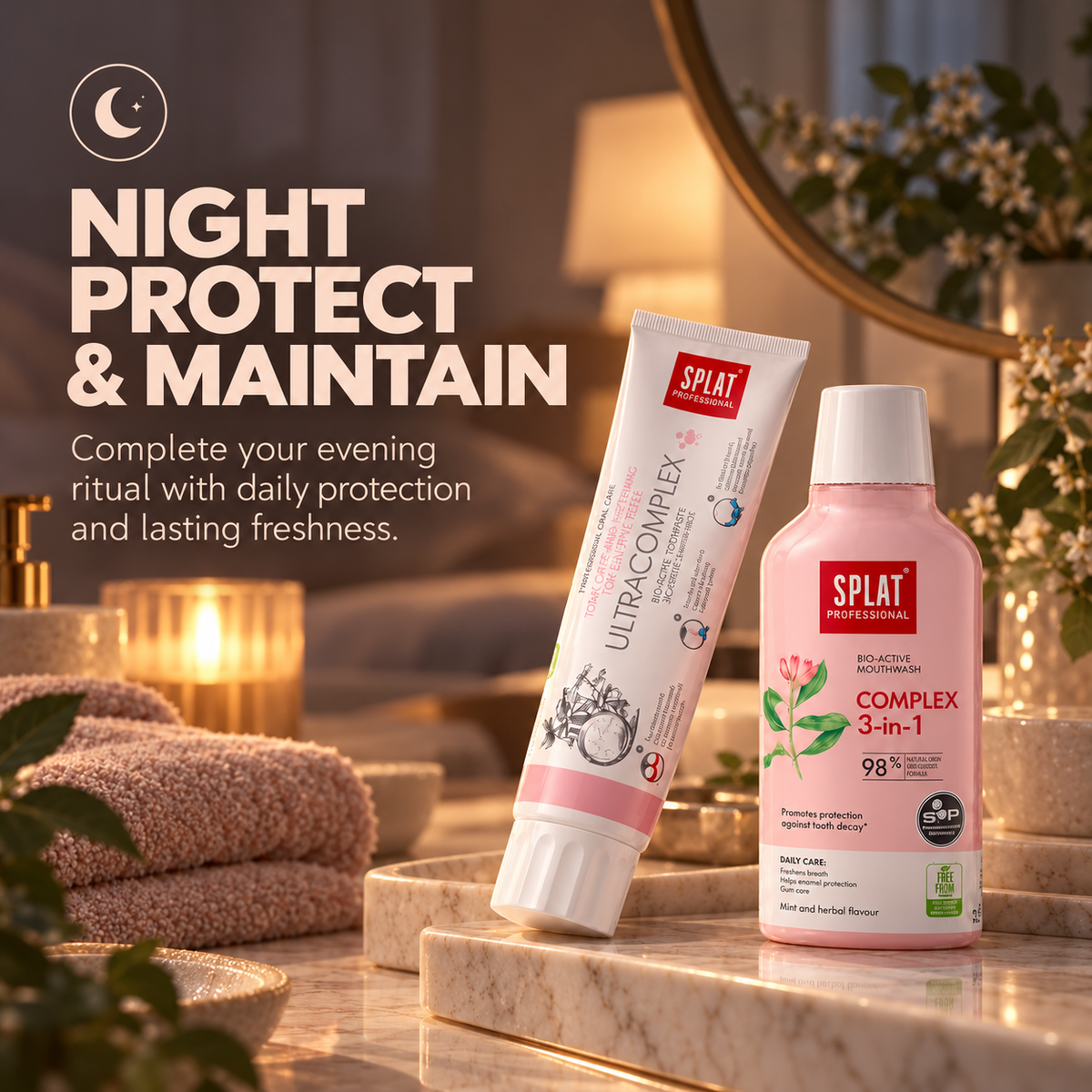 SPLAT Ultracomplex toothpaste and Complex 3-in-1 mouthwash for nighttime enamel care, freshness and oral health maintenance.