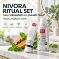 Nivora ritual set with White Plus toothpaste and Enamel Shine mouthwash styled in a fresh spa setting, presenting a complete whitening and enamel-care routine.