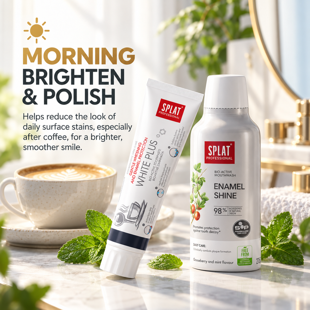 White Plus toothpaste and Enamel Shine mouthwash shown as a morning brighten-and-polish oral care ritual for daily whitening, smoothness, and freshness.