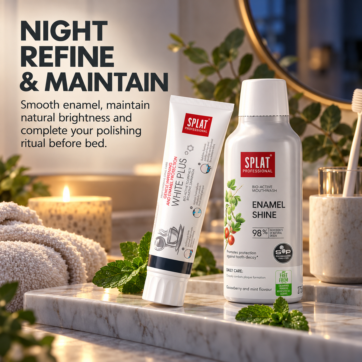 White Plus toothpaste and Enamel Shine mouthwash presented as a nighttime enamel-care ritual to help polish, refresh, and support enamel smoothness.