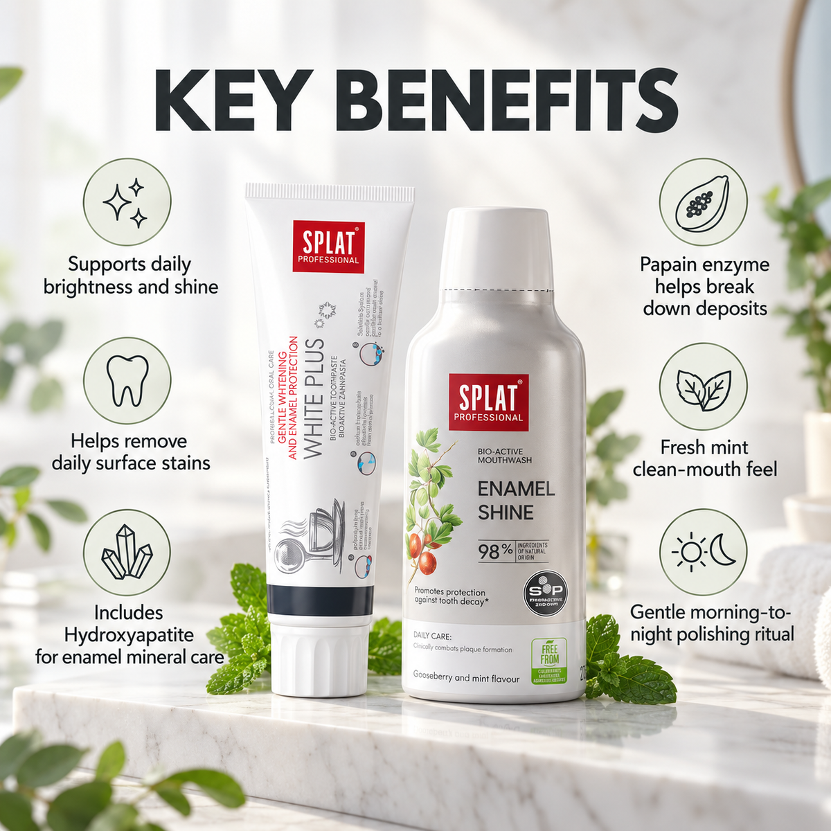 Key benefits infographic for the Nivora ritual set highlighting whitening support, enamel shine, papain enzyme stain removal, hydroxyapatite enamel care, and lasting mint freshness.