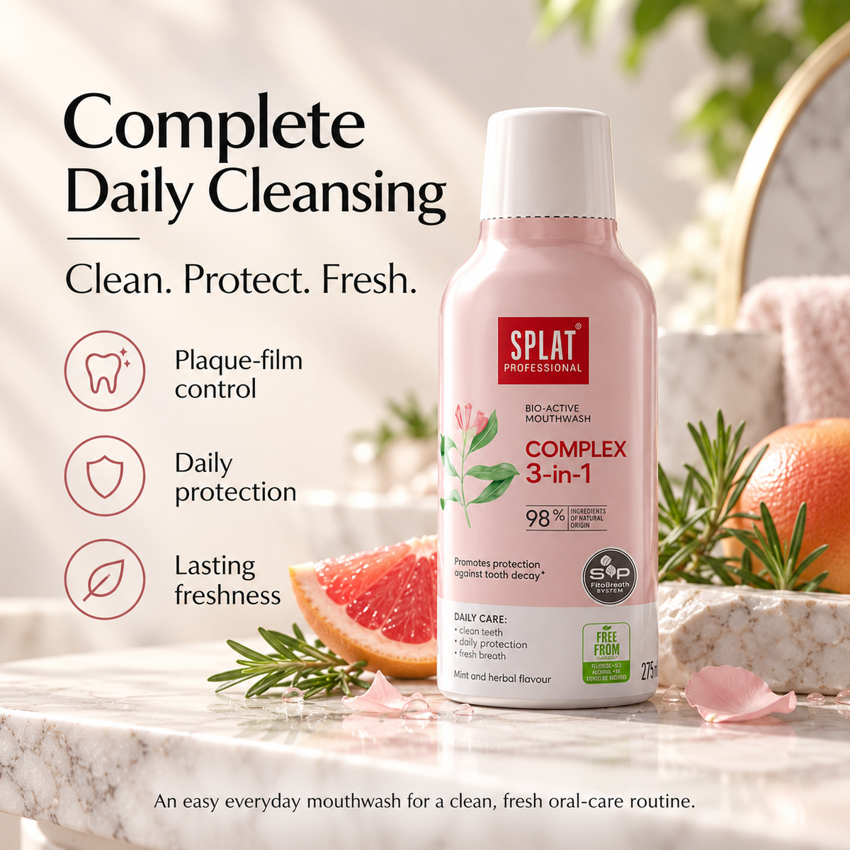 SPLAT Complex 3-in-1 mouthwash for complete daily cleansing, plaque-film control, daily protection and lasting freshness.