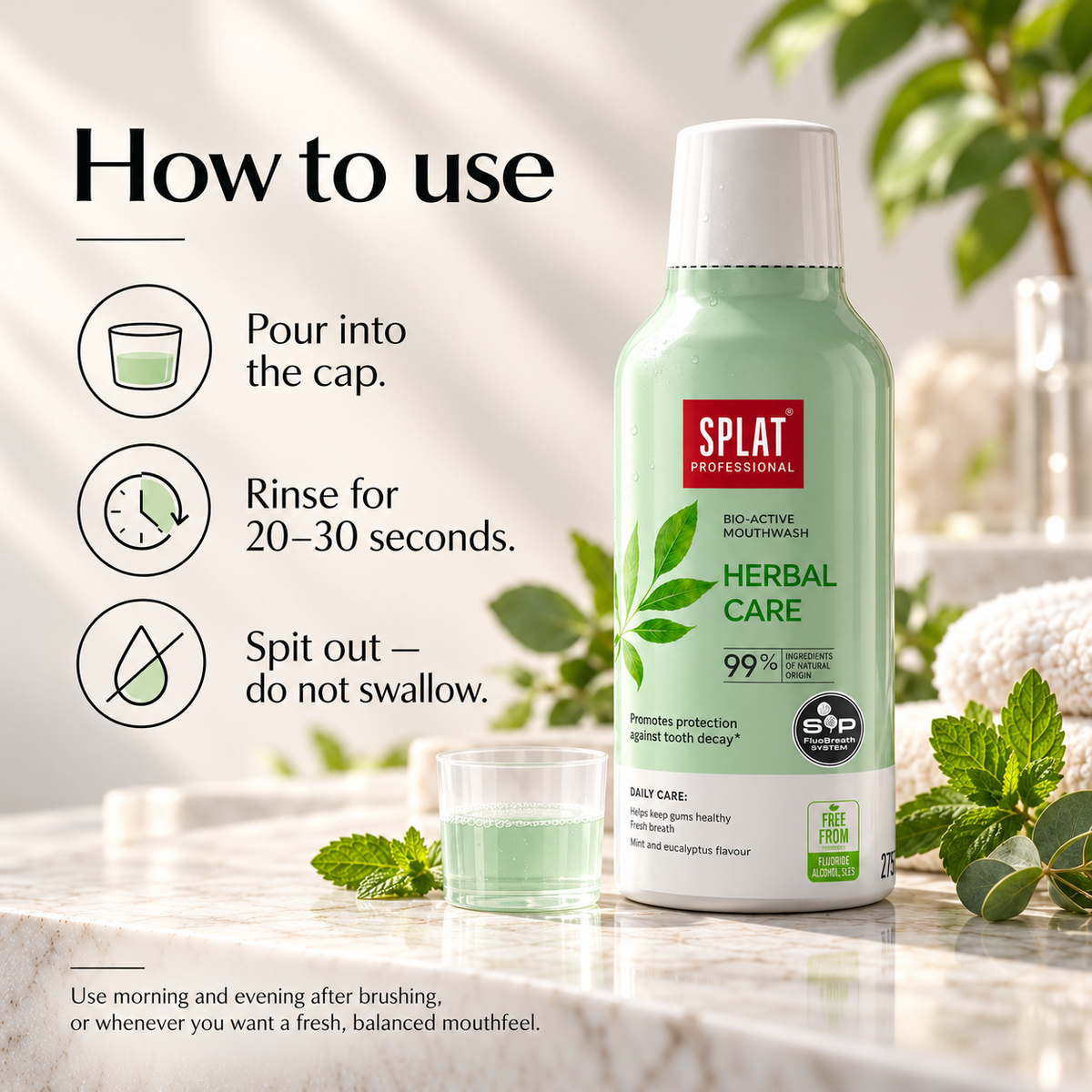 How to use SPLAT Herbal Care mouthwash: pour into the cap, rinse for 20 to 30 seconds, spit out and do not swallow.