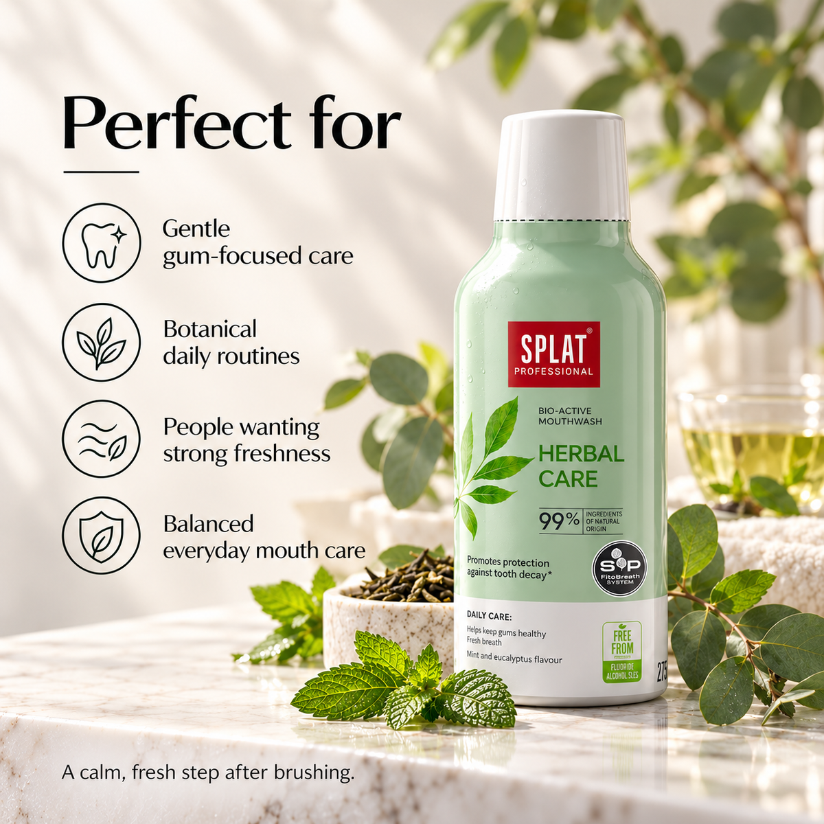 SPLAT Herbal Care mouthwash for people seeking gentle gum-focused care, botanical ingredients, oral balance and strong everyday freshness.