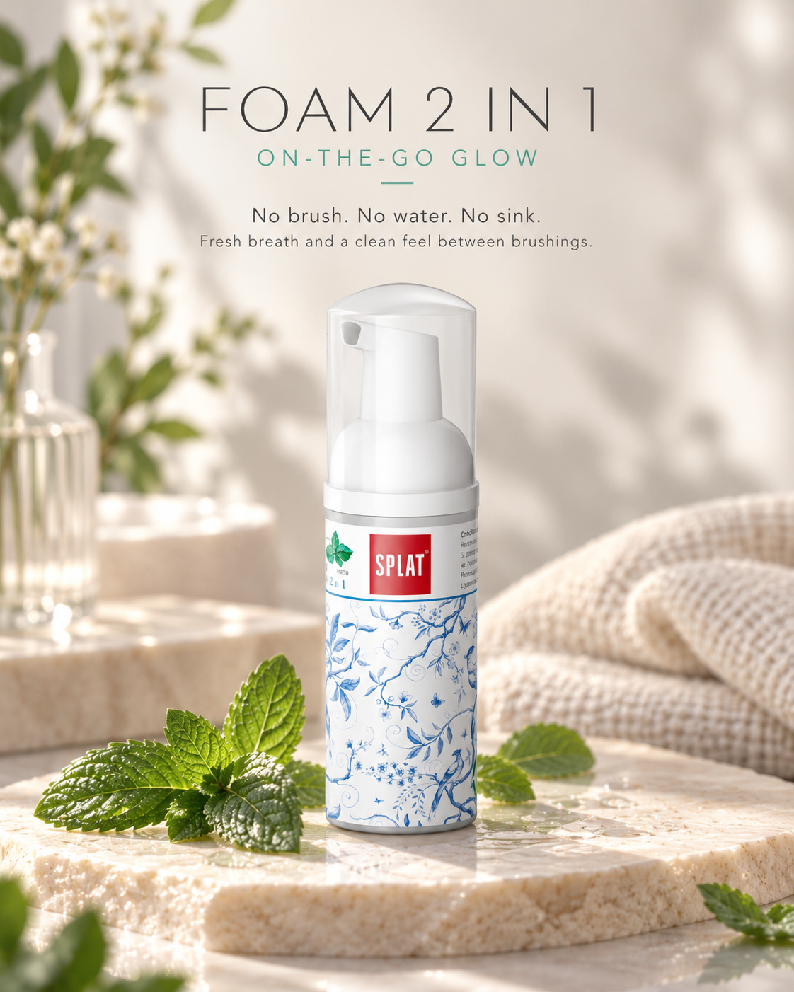 SPLAT 2 in 1 Foam Mint for no-brush, no-water oral care and fresh breath between brushings.