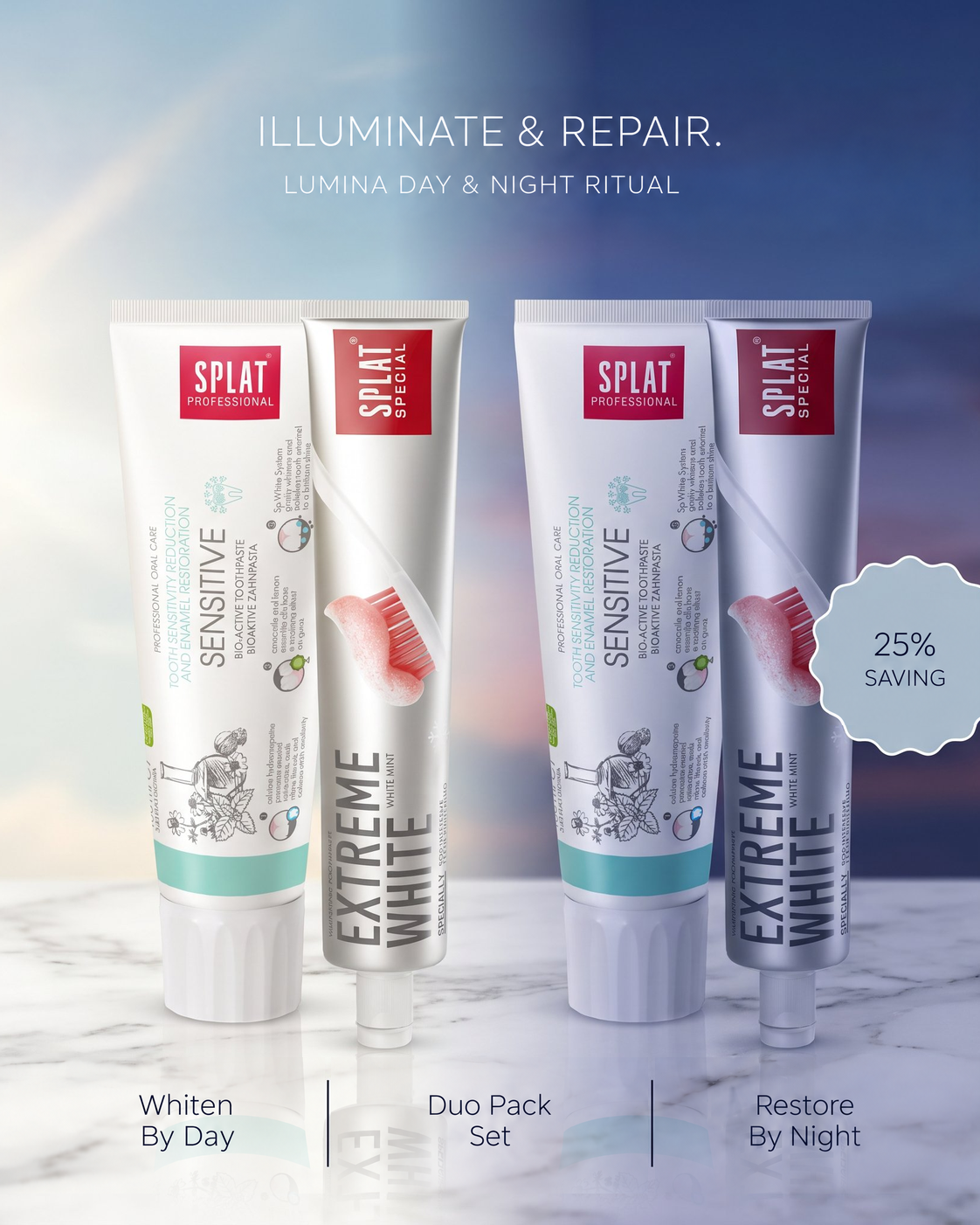 Lumina Duo packs arranged in two pairs on a marble surface with a soft blue gradient background. The left pair is labeled Sensitive and the right pair Extreme White.
