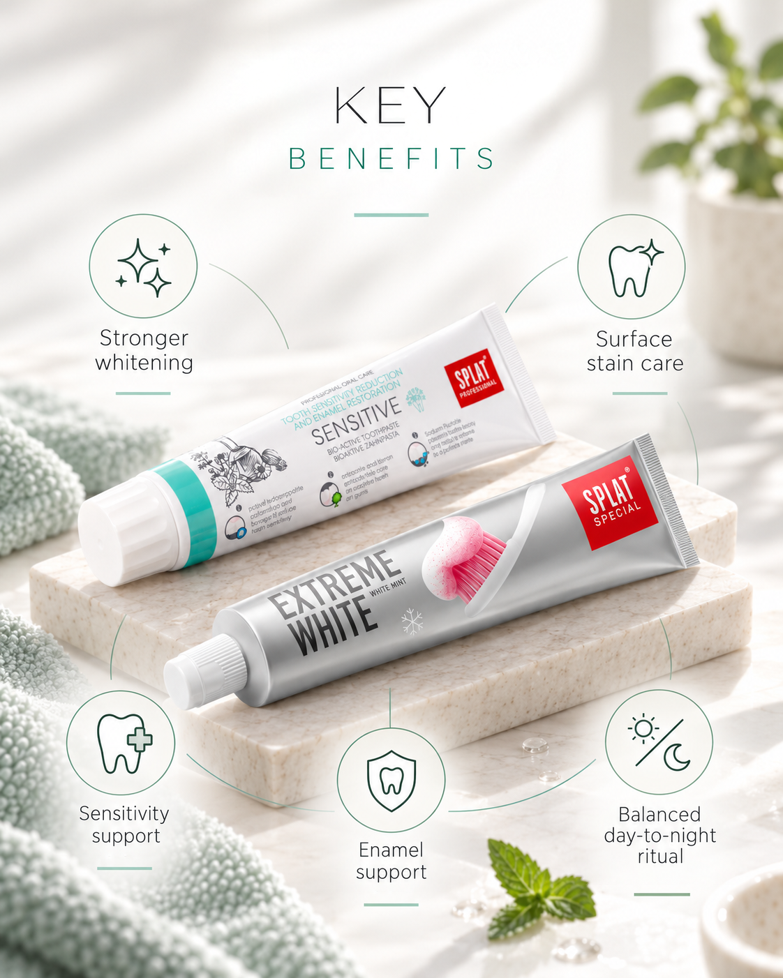 Lumina Ritual Set benefits including stronger whitening, surface stain care, sensitivity support, enamel care and a balanced day-to-night routine.