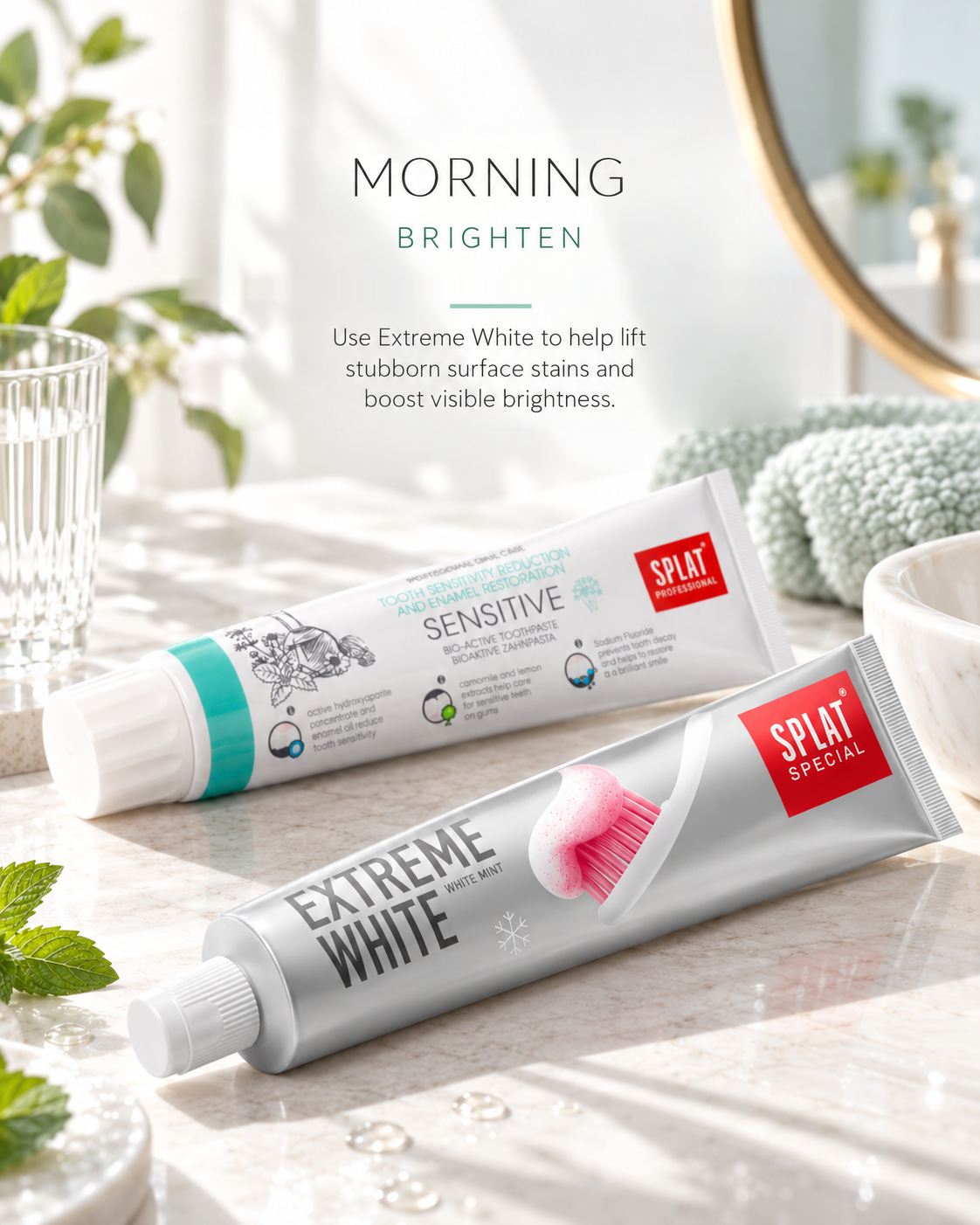 Morning Lumina routine with SPLAT Extreme White toothpaste to help lift stubborn surface stains and enhance visible tooth brightness.
