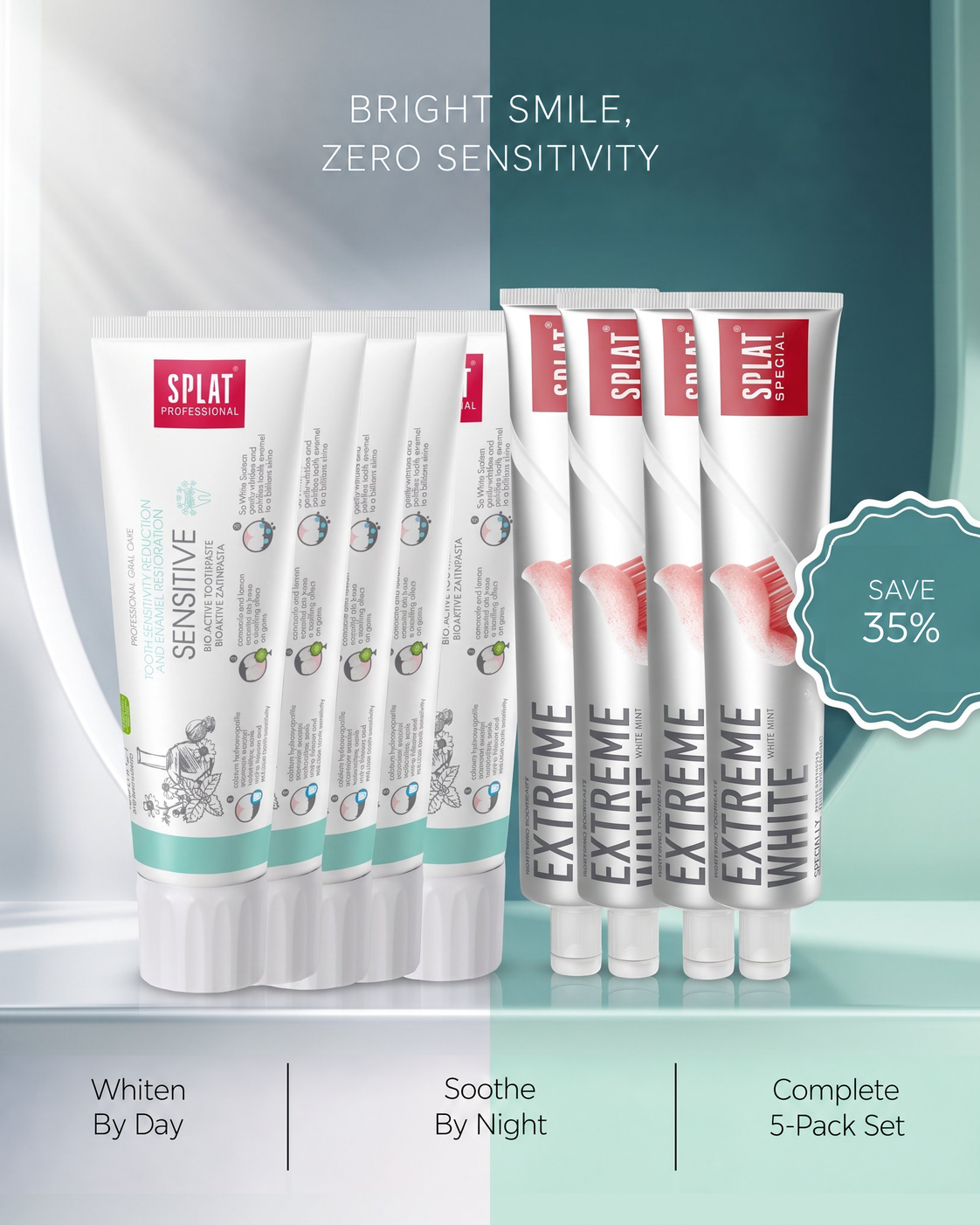 A 5-pack set of Lumina, including Sensitive and Extreme White varieties, displayed on a split white and teal background with promotional text.