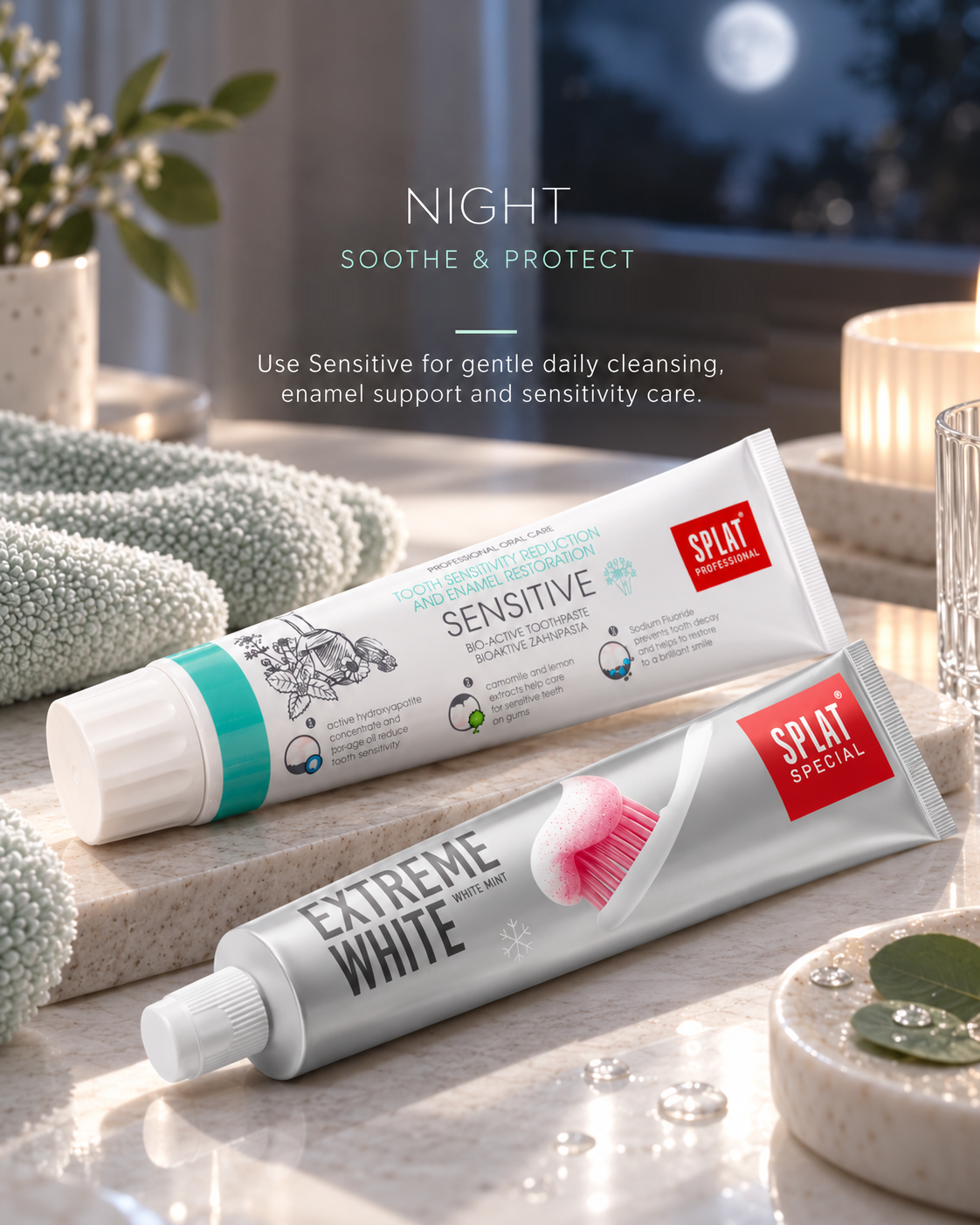 Night Lumina routine with SPLAT Sensitive toothpaste for gentle cleansing, enamel support and daily sensitivity care.