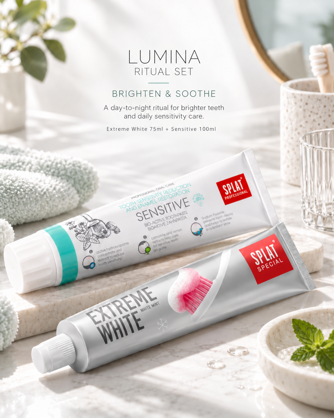 Lumina Ritual Set with SPLAT Extreme White and Sensitive toothpaste for intensive whitening, sensitivity care and enamel support.