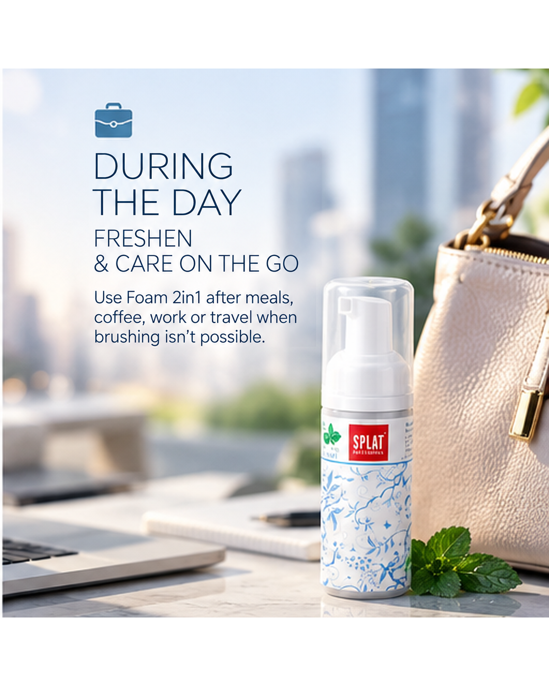 SPLAT Foam 2in1 for daytime freshness and oral care when brushing is not possible.