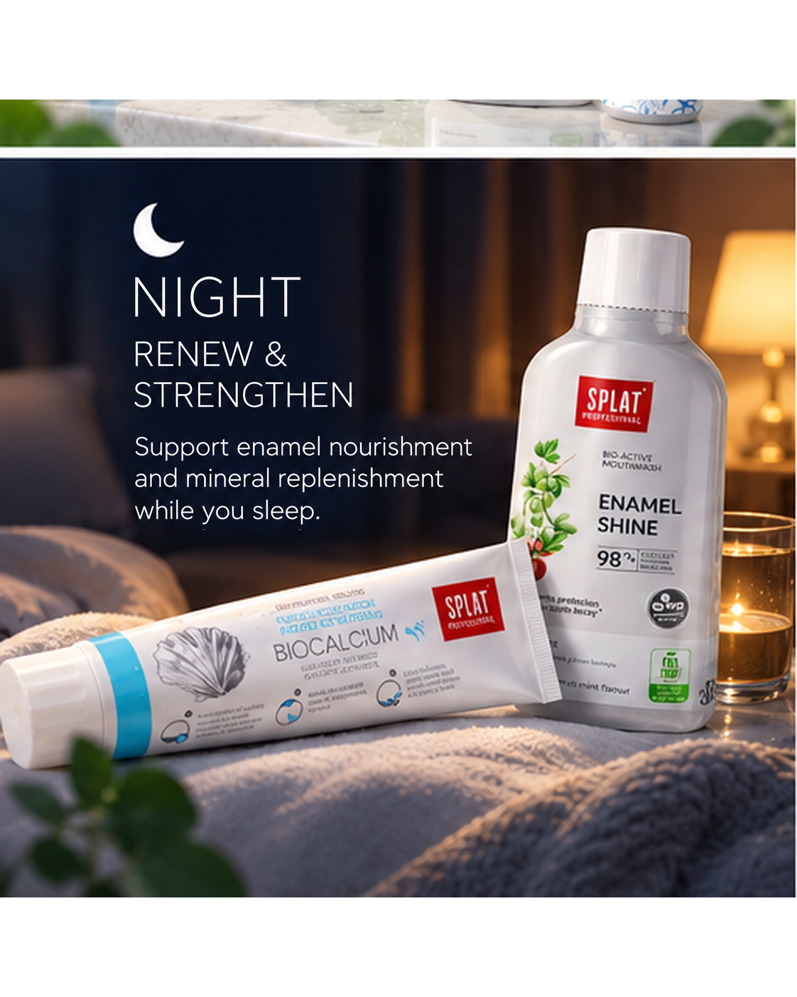 SPLAT Biocalcium toothpaste and Enamel Shine mouthwash for nighttime enamel renewal and strengthening.