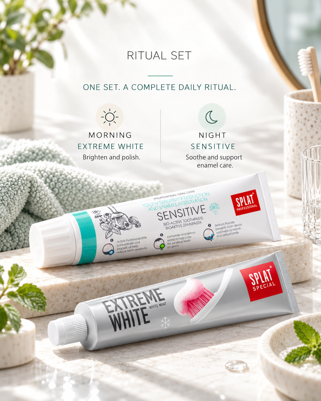 Lumina morning-to-night oral care ritual with Extreme White for brightening and Sensitive toothpaste for comfort and enamel care.