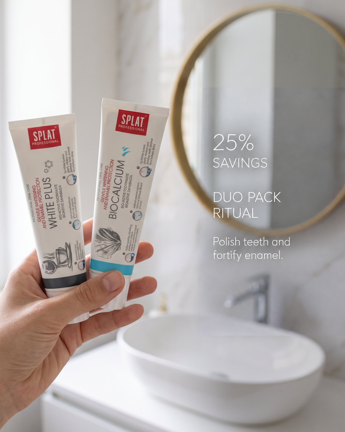 A hand holds two tubes of Luscenta in a bright bathroom setting with a sink and mirror in the background. The tubes are labeled White Plus and Bio Calcium, with promotional text on the right reading '25% SAVINGS DUO PACK RITUAL'.