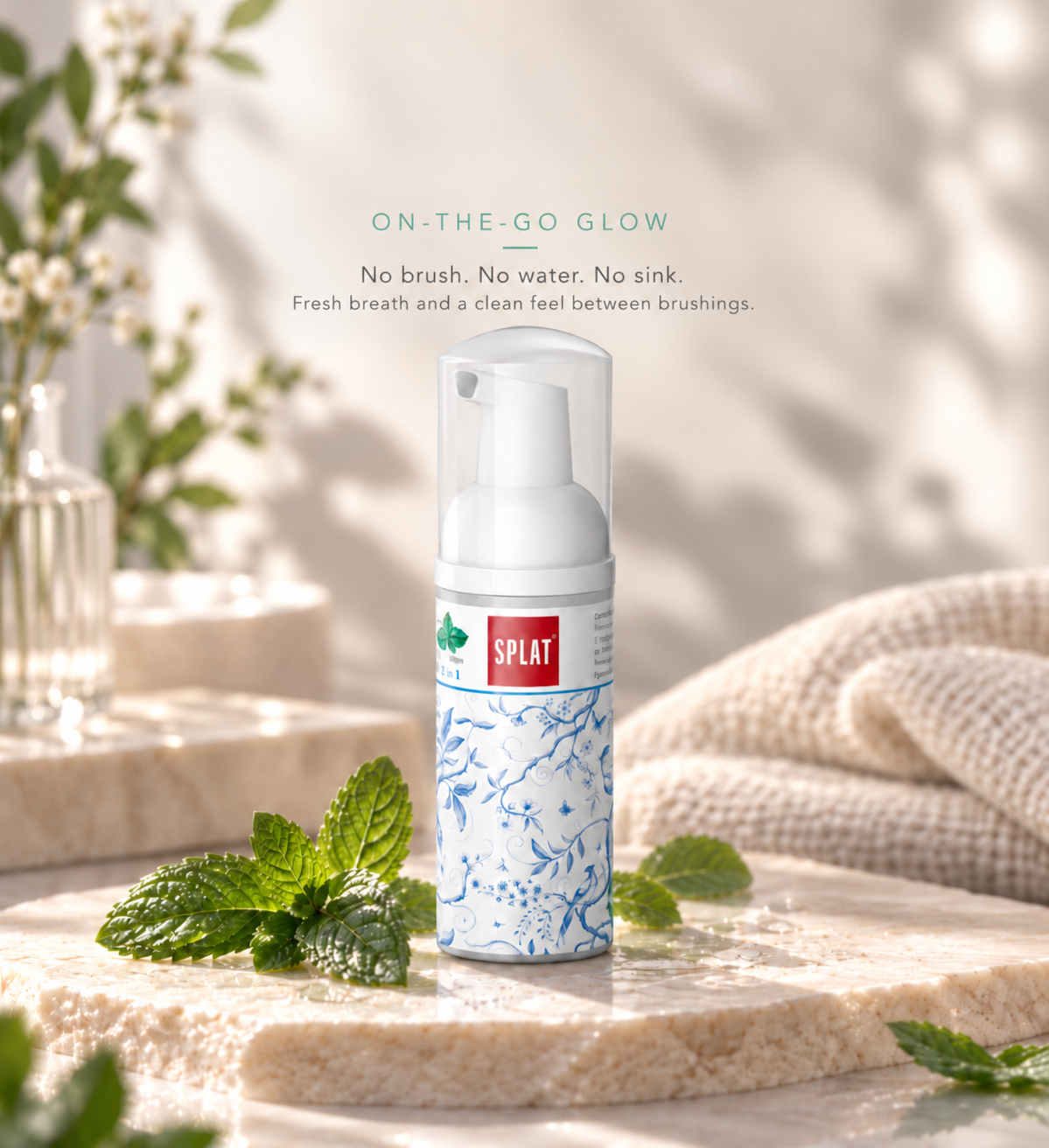 SPLAT 2 in 1 Foam Mint for no-brush, no-water oral care and fresh breath between brushings.